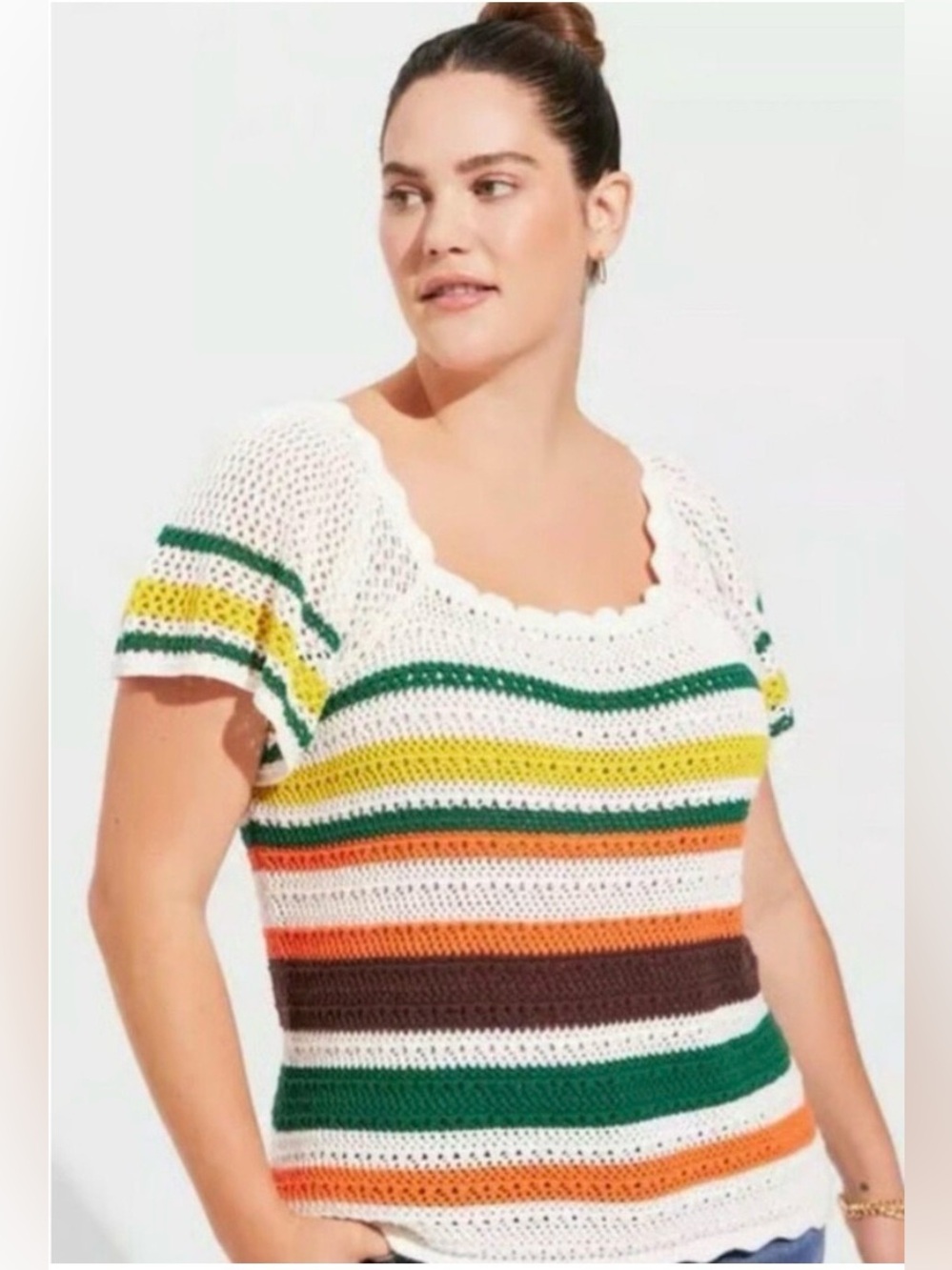 Torrid Crochet Flutter Sleeve Short Sleeve Top White Multi Striped 00